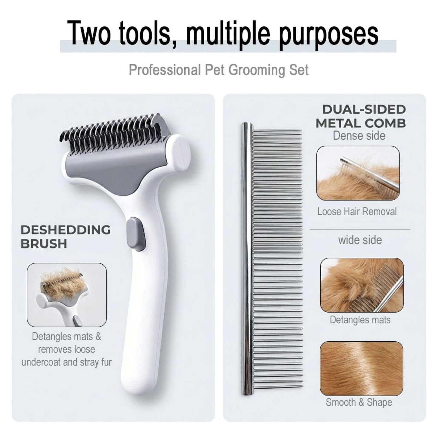 Undercoat Rake for Dogs with Metal Comb for Dogs, Dematting Tool for Dog and Dematting Comb for Cats, Dog and Cat Grooming Set for Tangles, Loose Undercoat and Shedding Hair (White)