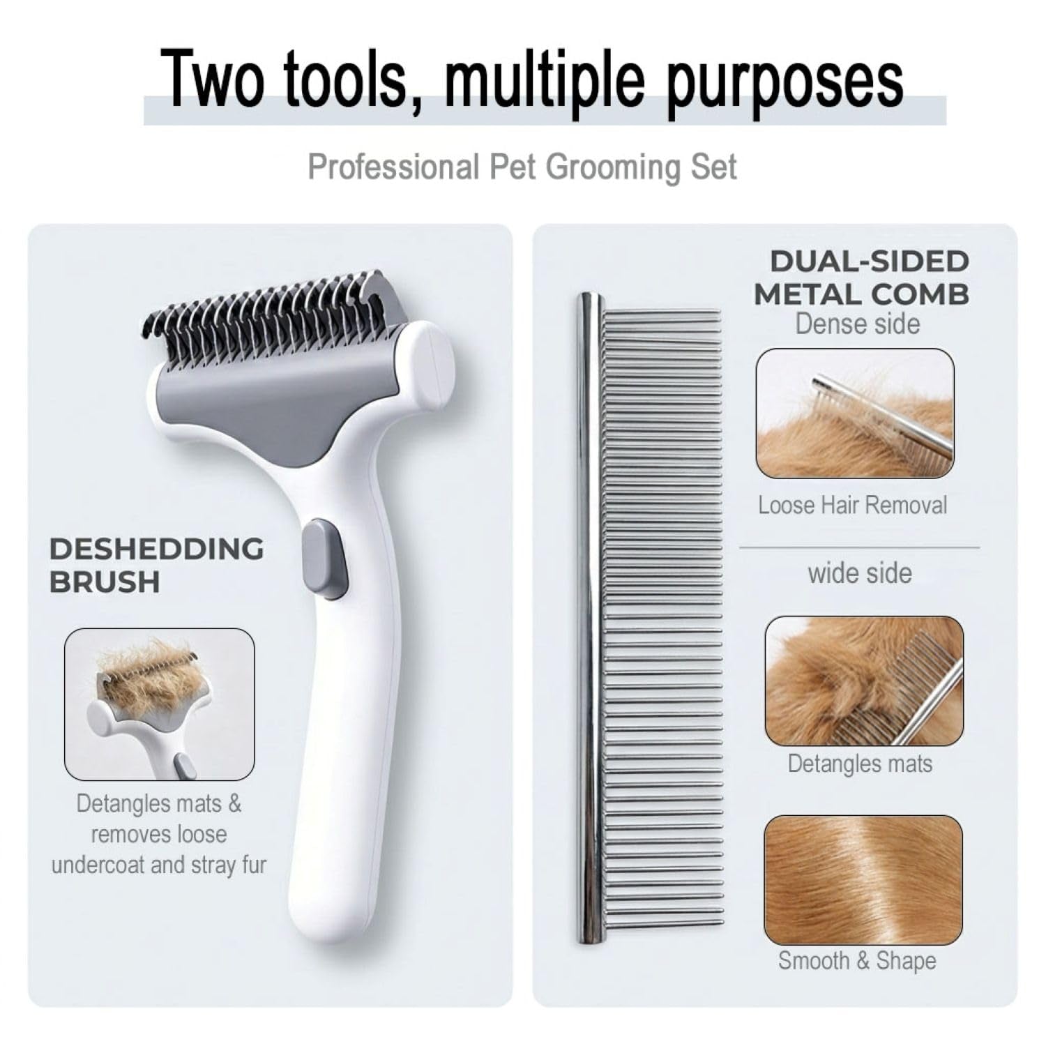 Undercoat Rake for Dogs with Metal Comb for Dogs, Dematting Tool for Dog and Dematting Comb for Cats, Dog and Cat Grooming Set for Tangles, Loose Undercoat and Shedding Hair (White)
