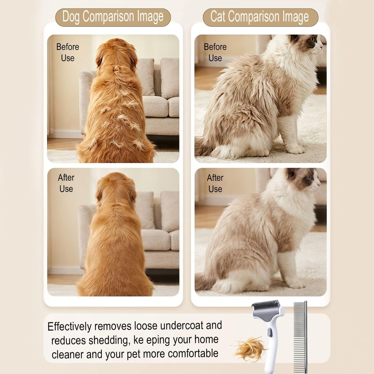 Undercoat Rake for Dogs with Metal Comb for Dogs, Dematting Tool for Dog and Dematting Comb for Cats, Dog and Cat Grooming Set for Tangles, Loose Undercoat and Shedding Hair (White)