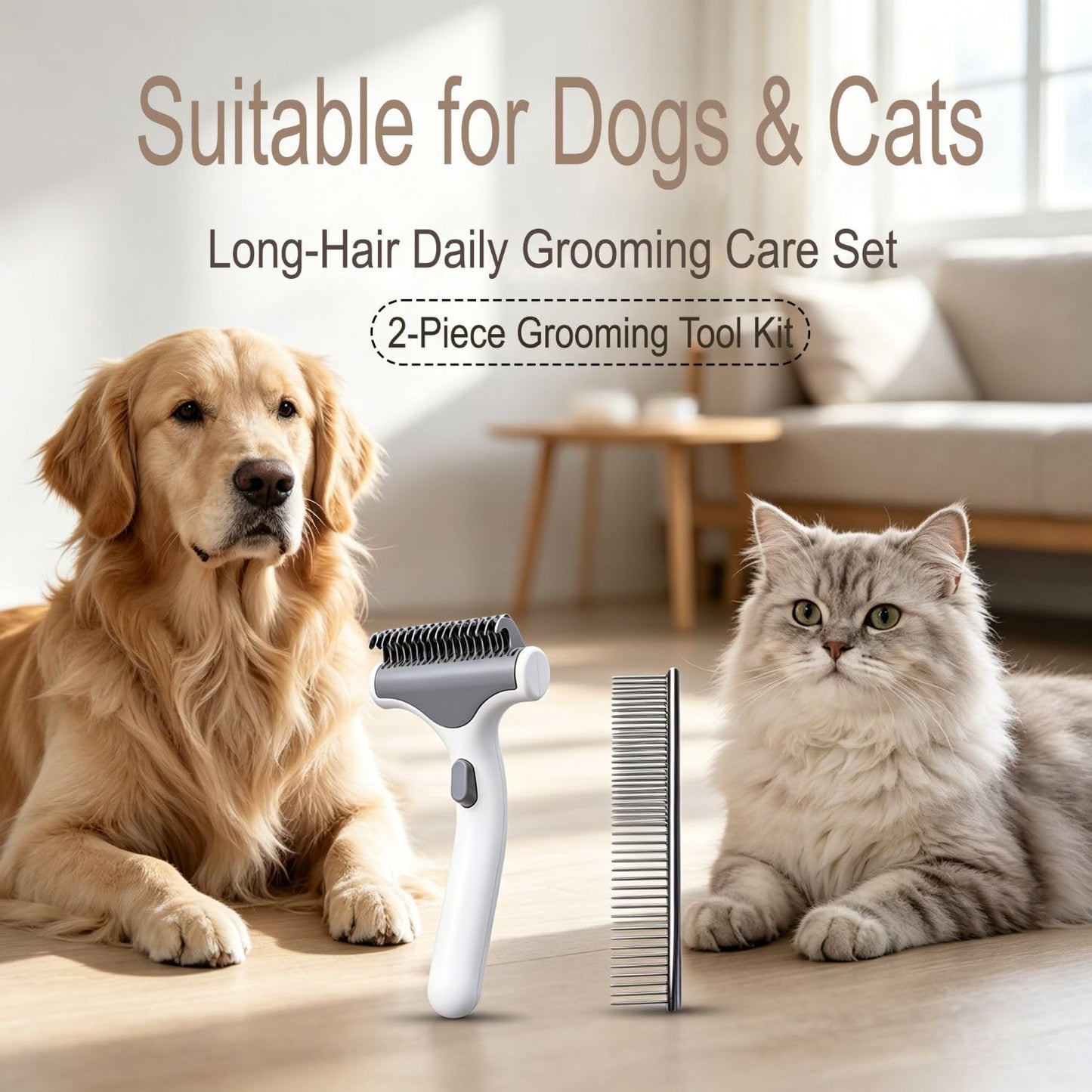 Undercoat Rake for Dogs with Metal Comb for Dogs, Dematting Tool for Dog and Dematting Comb for Cats, Dog and Cat Grooming Set for Tangles, Loose Undercoat and Shedding Hair (White)